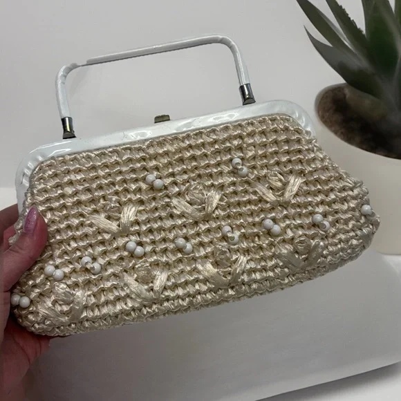 Vintage Rattan Straw Woven Purse Tan White Beaded - Picture 1 of 10